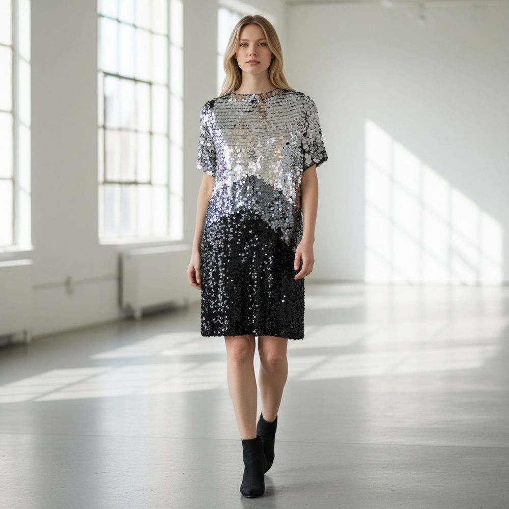 Oleg Cassini Silver and Black Ombre Sequin Dress NWT